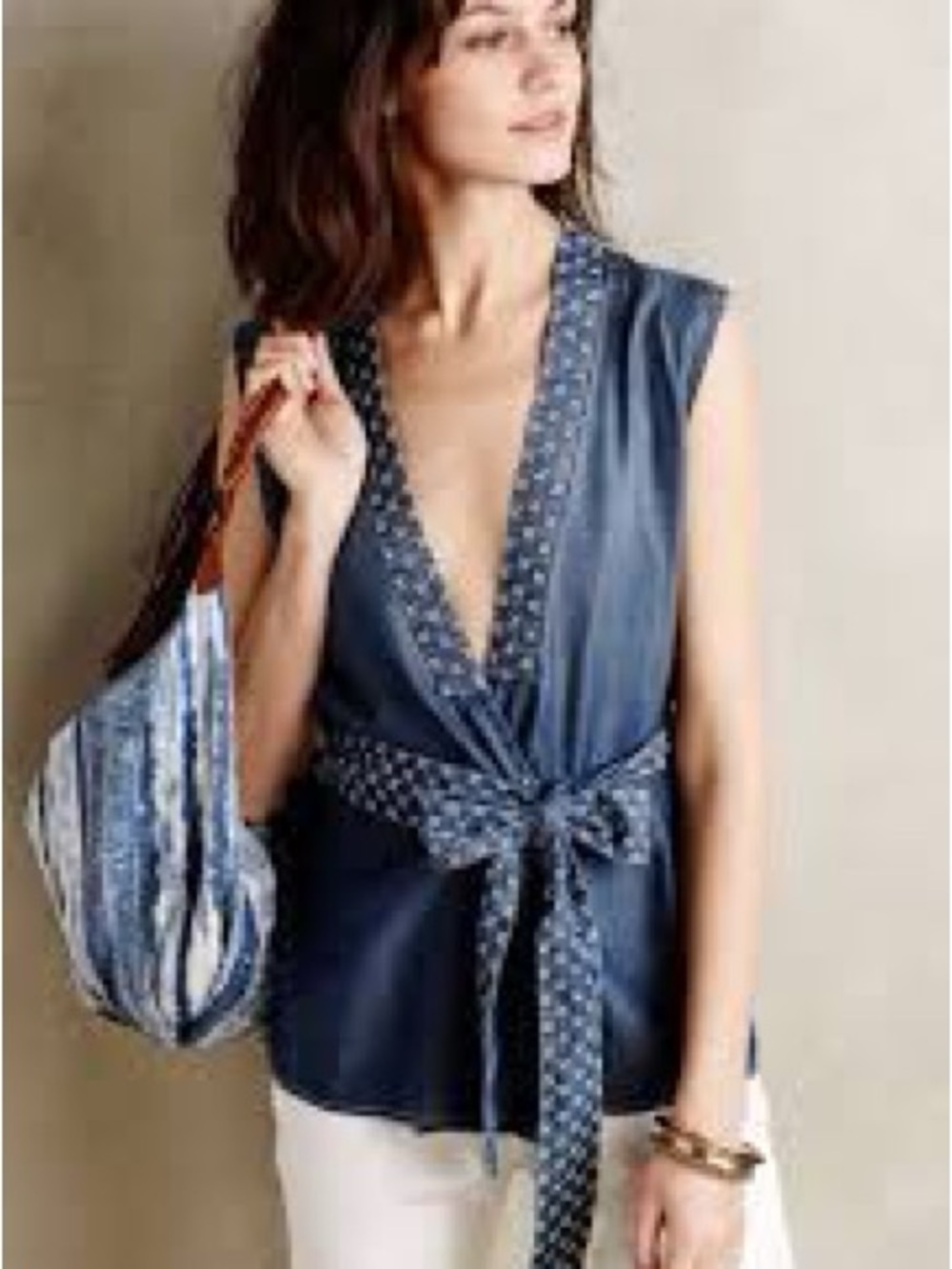 Anthropologie Holding Horses Deep V Tie-Waist Sleeveless Top in Denim-Look